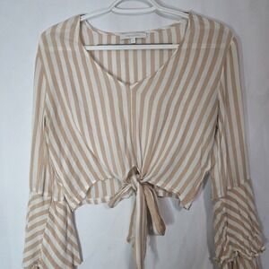 Neutral Stripe Tie Front Crop‎ Top Cottagecore Boho Bell Sleeve Romantic Blouse